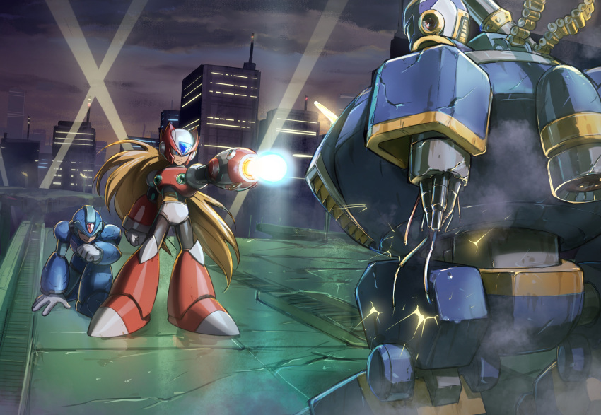 3boys absurdres android arm_cannon arm_support armor battle blonde_hair blue_eyes blue_headwear building cable closed_mouth cloud cloudy_sky commentary_request crack energy english_commentary firing gloves helmet highres hoshi_mikan long_hair male_focus mega_man_(series) mega_man_x1 mega_man_x_(character) mega_man_x_(series) mixed-language_commentary multiple_boys night one_knee outdoors ponytail purple_headwear red_headwear ride_armor searchlight serious sky skyscraper sparks standing very_long_hair vile_(mega_man) weapon white_gloves zero_(mega_man)