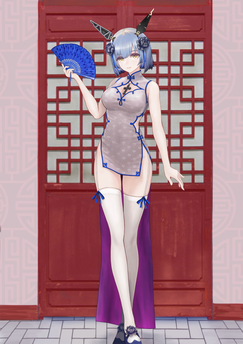 1girl absurdres alternate_costume azur_lane baozi black_flower blue_hair breasts china_dress chinese_clothes cleavage cleavage_cutout clothing_cutout cross cross_necklace dress fan flower folding_fan food full_body garter_straps gascogne_(azur_lane) hair_flower hair_ornament headgear highres holding holding_fan huge_filesize jewelry large_breasts looking_at_viewer necklace pelvic_curtain short_dress side_slit sleeveless sleeveless_dress solo thighhighs tomozou-1971 vichya_dominion_(emblem) white_legwear yellow_eyes