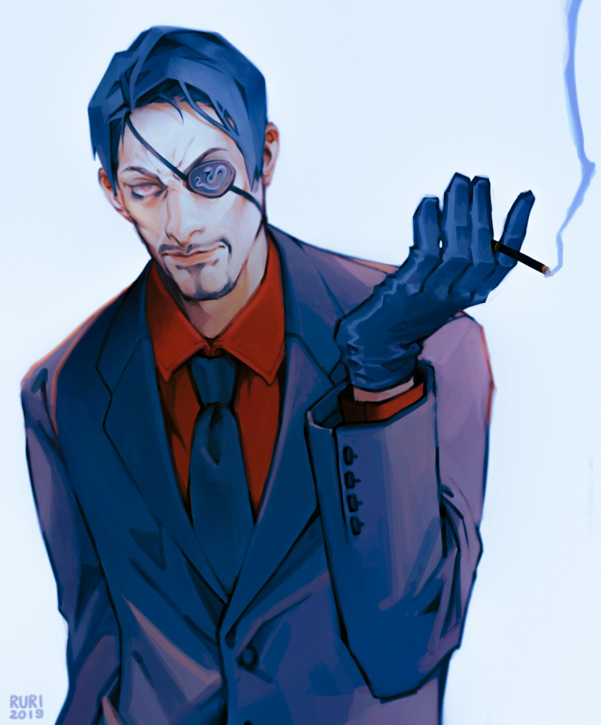 1boy 2019 adachi_ruri alternate_costume artist_name black_eyepatch black_gloves black_hair black_neckwear cigarette eyepatch facial_hair formal gloves goatee highres leather leather_gloves looking_at_viewer majima_gorou male_focus mature_male necktie official_alternate_costume one-eyed print_eyepatch red_shirt ryuu_ga_gotoku ryuu_ga_gotoku_4 shirt signature smoke snake_print white_background yakuza