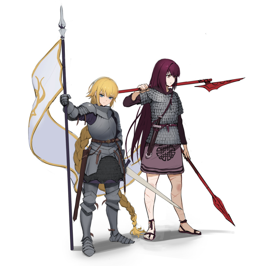 2girls absurdly_long_hair armor blonde_hair blue_eyes braid braided_ponytail breastplate english_commentary eyebrows_visible_through_hair fate/apocrypha fate_(series) full_body gauntlets hair_between_eyes highres holding holding_spear holding_sword holding_weapon jason_kim jeanne_d'arc_(fate) jeanne_d'arc_(fate)_(all) long_hair looking_at_viewer medieval multiple_girls plate_armor polearm purple_hair red_eyes sandals scathach_(fate) scathach_(fate)_(all) sheath simple_background skirt spear standing sword very_long_hair weapon white_background
