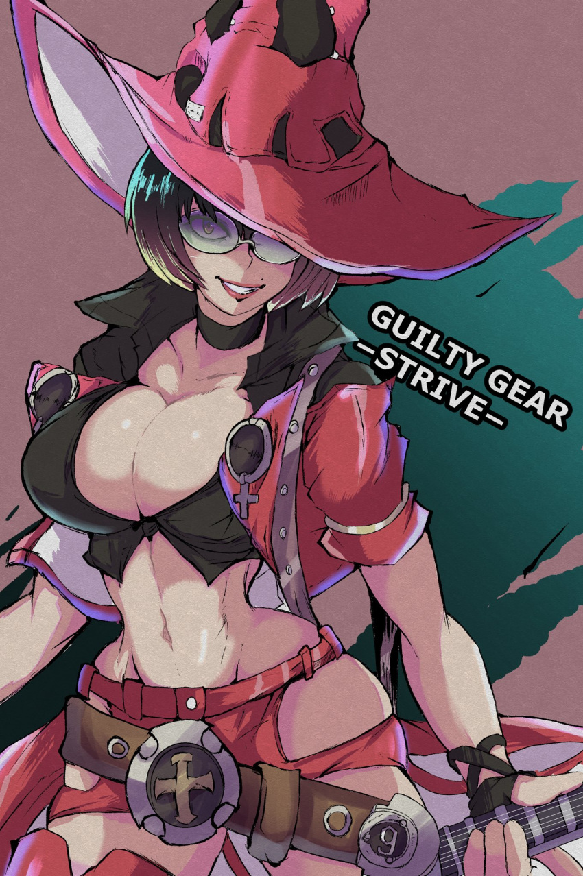 1girl belt belt_buckle black_choker black_shirt boots breasts brown_belt buckle choker cleavage collared_shirt copyright_name cropped_jacket cropped_shirt electric_guitar grin guilty_gear guilty_gear_strive guitar hat hat_over_one_eye highres hip_vent i-no instrument jacket large_breasts lips looking_at_viewer loose_belt mole mole_above_mouth navel open_clothes open_jacket red_footwear red_headwear red_jacket red_shorts rimless_eyewear shirt short_hair short_shorts shorts slender_waist smile sunglasses thigh_boots thighhighs tomozawa_mamoru witch_hat