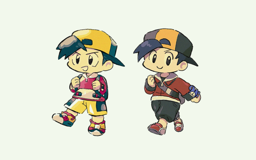 2boys amaya_uw backpack backwards_hat bag bangs baseball_cap black_bag black_eyes black_hair black_pants capri_pants closed_mouth commentary_request dual_persona ethan_(pokemon) grey_background hand_up hat highres holding_strap jacket long_sleeves male_focus multiple_boys pants pokemon pokemon_(game) pokemon_gsc pokemon_hgss red_jacket shoes short_hair shorts smile standing walking