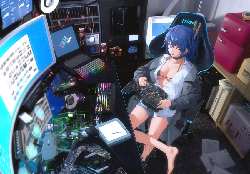 absurdres alternate_costume barefoot blue_hair breasts cable chair cleavage computer desk drawing_tablet girls'_frontline highres huge_filesize indoors k11_(girls'_frontline) keyboard_(computer) laptop medium_breasts monitor mouse_(computer) mousepad_(object) multiple_monitors nighttsound purple_eyes speaker stylus