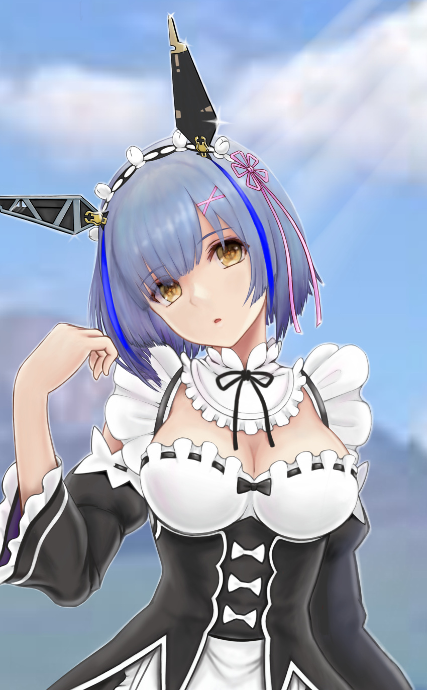 1girl absurdres alternate_costume azur_lane blue_hair breasts cleavage cosplay crossover detached_sleeves eyebrows_visible_through_hair frilled_sleeves frills gascogne_(azur_lane) hair_ornament hair_ribbon headgear highres look-alike looking_at_viewer maid maid_headdress medium_breasts pink_ribbon re:zero_kara_hajimeru_isekai_seikatsu rem_(re:zero) rem_(re:zero)_(cosplay) ribbon roswaal_mansion_maid_uniform short_hair simple_background solo tomozou-1971 x_hair_ornament yellow_eyes