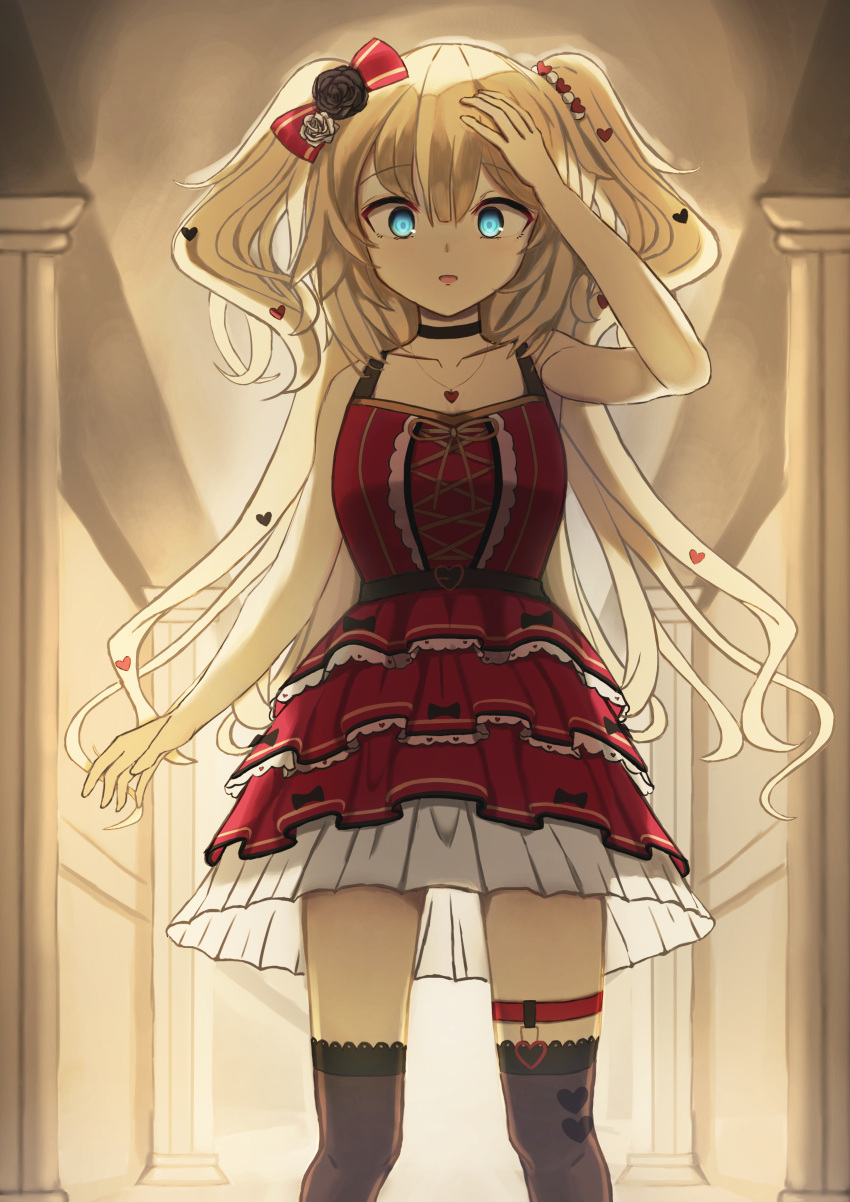 1girl absurdres akai_haato bangs blonde_hair blue_eyes bow collarbone commentary dress eyebrows_visible_through_hair hair_bow hair_ornament hand_on_forehead heart heart_hair_ornament heart_necklace highres hololive jewelry light long_hair looking_at_viewer necklace open_mouth orino red_dress shadow solo standing surprised temple thigh_strap thighhighs virtual_youtuber