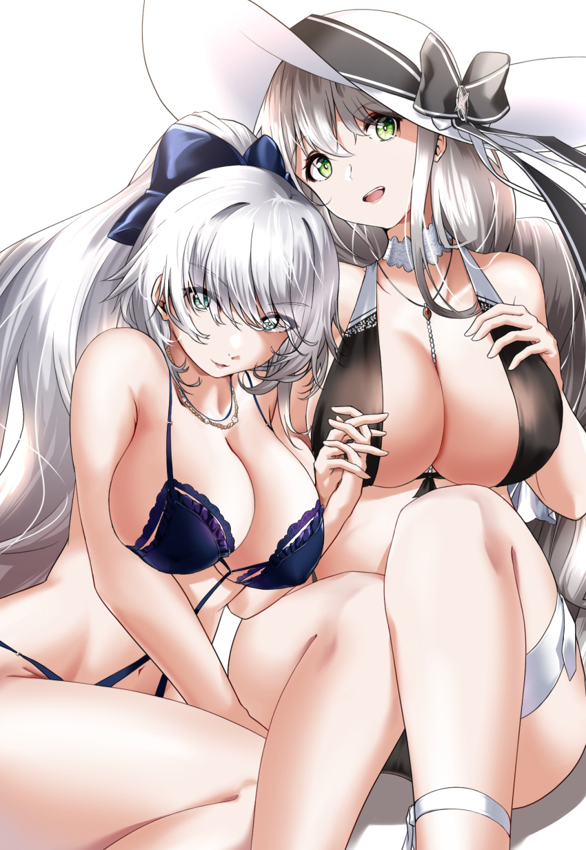 2girls aquila_(azur_lane) aquila_(sardegnian_shallows_and_sunshine)_(azur_lane) azur_lane bare_shoulders bikini black_bikini black_ribbon bow braid breasts center_opening cleavage clothing_cutout collar detached_collar eyebrows_visible_through_hair green_eyes grey_hair hair_bow hand_on_own_chest hat highleg highleg_bikini highres huge_breasts long_hair looking_at_viewer multiple_girls navel_cutout official_alternate_costume ponytail purple_bow purple_swimsuit ribbon silver_eyes silver_hair simple_background single_braid sun_hat swimsuit thigh_strap very_long_hair vittorio_veneto_(azur_lane) vittorio_veneto_(the_flower_of_la_spezia)_(azur_lane) white_background white_collar white_headwear winterfall_(artenh)