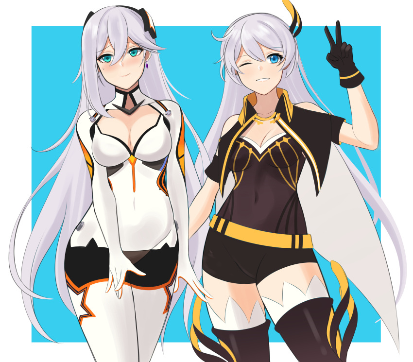 2girls absurdres aircell antenna_hair bangs blue_eyes breasts cecilia_schariac cecilia_schariac_(cosplay) cleavage closed_mouth cosplay costume costume_switch hair_between_eyes hair_ornament highres honkai_(series) honkai_impact_3rd kiana_kaslana kiana_kaslana_(white_comet) kiana_kaslana_(white_comet)_(cosplay) long_hair looking_at_viewer mother_and_daughter multiple_girls one_eye_closed smile teeth v white_hair