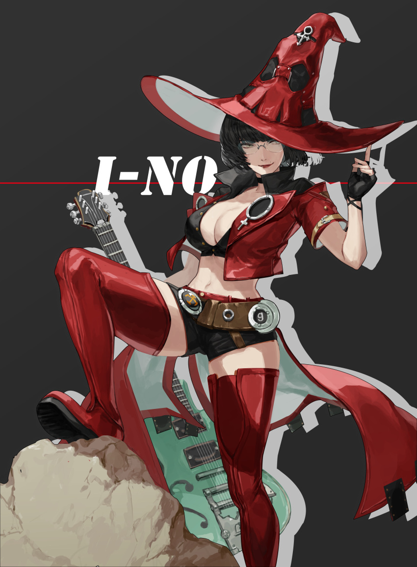 1girl absurdres belt black_gloves black_hair black_shorts bob_cut breasts carol0905 character_name choker cleavage crop_top electric_guitar fingerless_gloves glasses gloves guilty_gear guilty_gear_strive guitar hat highres i-no instrument large_breasts lipstick looking_to_the_side makeup midriff mole mole_under_eye navel red_legwear shaded_face short_shorts short_sleeves shorts smile solo thighhighs thighs witch_hat