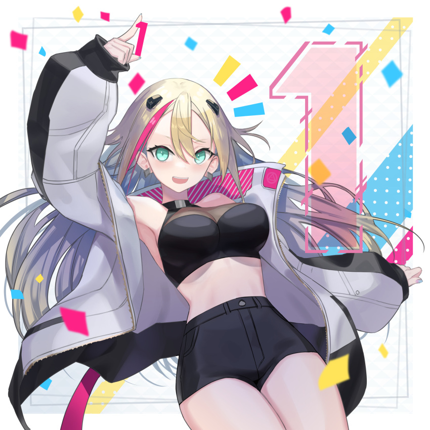 1girl aqua_eyes bangs black_shorts blonde_hair breasts crop_top english_commentary floating_hair grey_jacket halter_top halterneck highres jacket large_breasts long_hair mins_(minevi) multicolored_hair open_mouth phase_connect pointing purple_nails red_hair rinkou_ashelia shorts smile solo streaked_hair virtual_youtuber