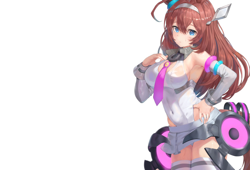 aliasing animal_ears anthropomorphism aqua_eyes blush brown_hair headband leotard long_hair mihono_bourbon rangen see_through skirt thighhighs tie uma_musume:_pretty_derby wet white zettai_ryouiki