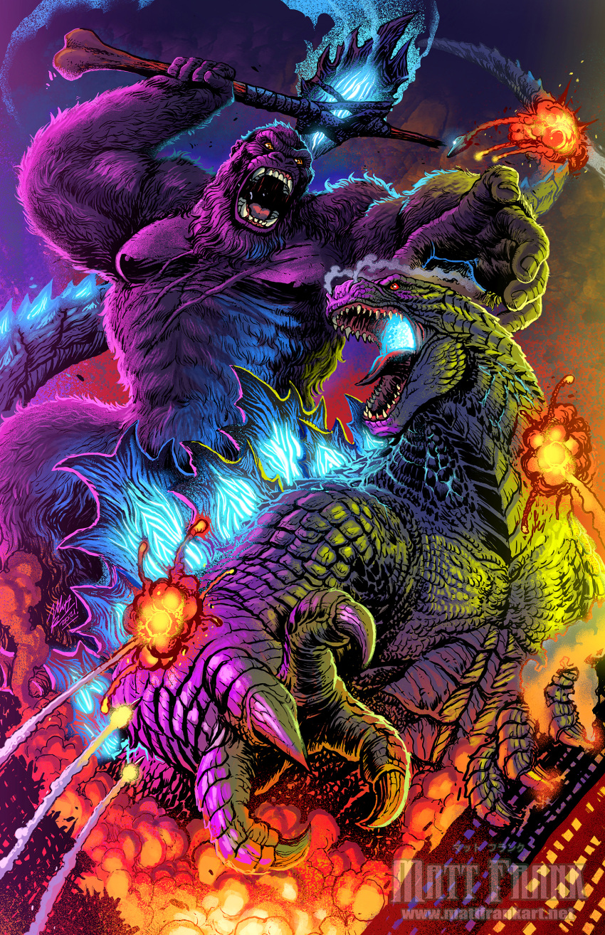 absurdres axe battle battle_axe bioluminescence city claws cloud fangs fire giant gloves glowing glowing_eyes godzilla godzilla_(2014) godzilla_(legendary) godzilla_(series) godzilla_vs_kong gorilla highres holding holding_axe holding_weapon kaijuu king_kong king_kong_(series) kong:_skull_island matt_frank monster no_humans open_mouth scales science_fiction sharp_teeth sky smoke spikes spines tail teeth weapon