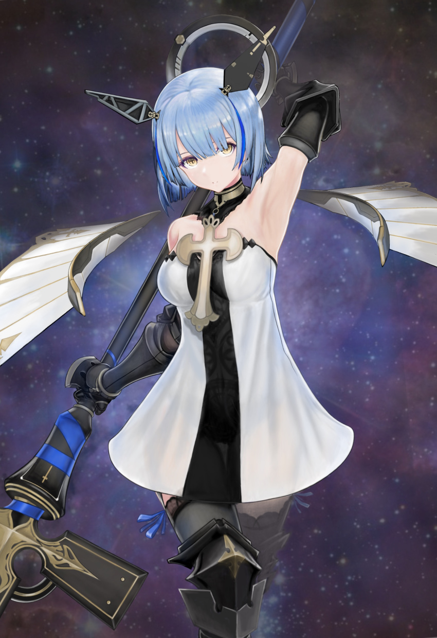 1girl absurdres armpits azur_lane bare_shoulders black_collar black_dress black_legwear blue_hair boots breasts collar cross cross_(weapon) cross_necklace detached_collar detached_wings dress elbow_gloves gascogne_(azur_lane) gloves headgear highres holding holding_staff jewelry knee_boots mechanical_halo medium_breasts multicolored_hair necklace see-through_dress short_dress solo staff starry_background streaked_hair thighhighs tomozou-1971 two-tone_dress weapon_behind_back white_dress wings yellow_eyes