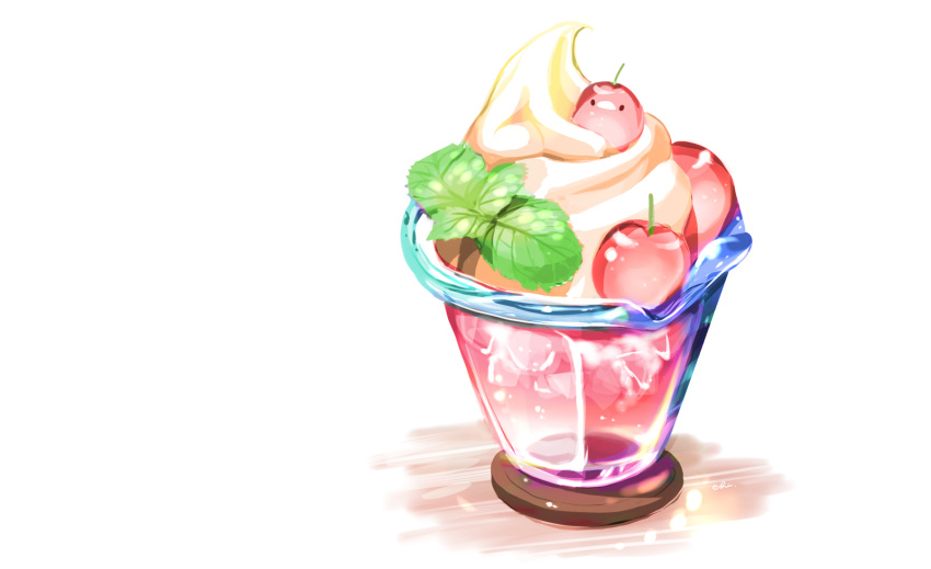 animal bird chai_(artist) cherry drink food fruit ice_cream leaves nobody original polychromatic signed white