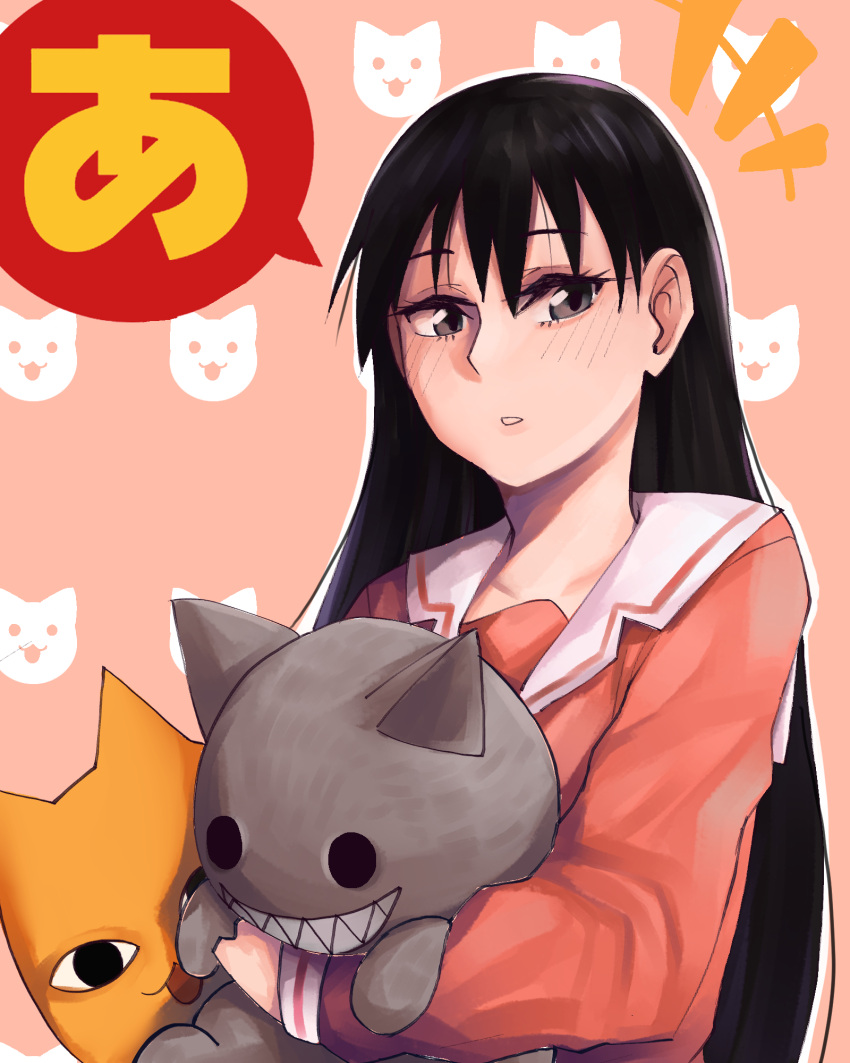 1girl a azumanga_daioh behind_another black_hair chiyo_chichi grey_eyes height_difference highres holding kamineko light_blush long_hair long_sleeves looking_at_viewer parted_lips peeking_out sailor_collar sakaki shirt solo_focus stuffed_animal stuffed_toy uni_(oni_unicorn) very_long_hair