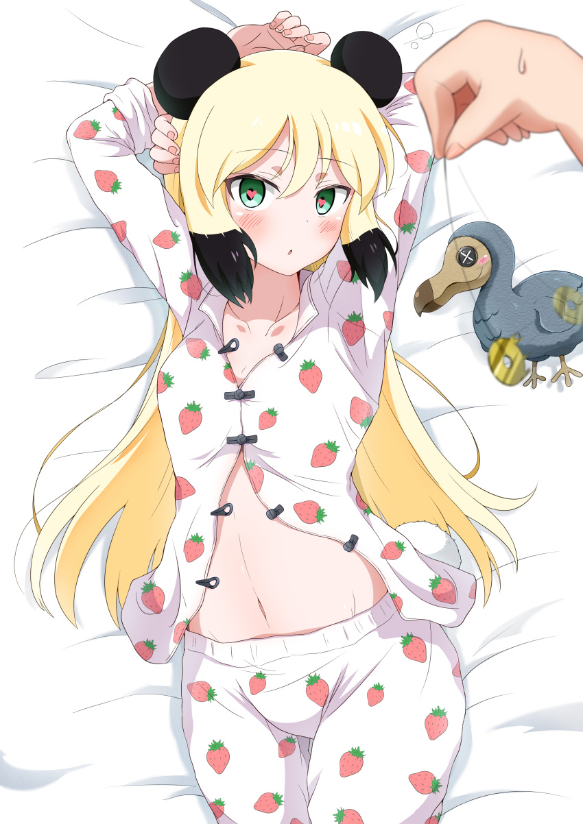 1girl absurdres animal_ears arms_behind_head arms_up black_hair blonde_hair blush collarbone disembodied_limb dodo_(bird) eggman_(pixiv28975023) eyebrows_visible_through_hair food_print green_eyes heart heart-shaped_pupils highres hypnosis long_hair long_sleeves looking_at_viewer lying mei-mei_(murenase!_shiiton_gakuen) mind_control multicolored_hair murenase!_shiiton_gakuen navel on_back pajamas panda_ears panda_girl parted_lips pendulum solo strawberry_print symbol-shaped_pupils