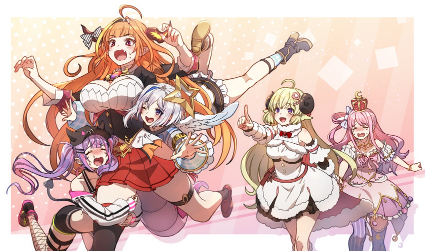 5girls :d ahoge amane_kanata angel_wings animal_ears arm_garter asymmetrical_hair bag bangs black_jacket black_legwear black_shorts black_tank_top blonde_hair blue_hair blunt_bangs blush boots bow bracelet braid breasts brooch candy_hair_ornament cape cleavage cleavage_cutout closed_eyes clothing_cutout collarbone collared_shirt colored_inner_hair commentary cowboy_shot crescent_print cropped_jacket crown crying demon_tail detached_sleeves diagonal-striped_bow dragon_girl dragon_horns dragon_tail dress ear_piercing eyebrows_visible_through_hair fang fishnet_legwear fishnets food-themed_hair_ornament framed_breasts fur-trimmed_cape fur-trimmed_dress fur_trim hair_ornament hair_rings hairclip halo halter_top halterneck handbag highres himemori_luna hip_vent holding_hands hololive horn_bow horns hug jacket jewelry jumping kiryu_coco large_breasts leg_cling long_hair looking_down medium_breasts midriff miniskirt mismatched_legwear multicolored_hair multiple_girls off_shoulder one_eye_closed open_mouth orange_hair outstretched_arm piercing pink_background pink_bow pink_cape pink_dress pink_footwear pink_hair pleated_skirt pointing pointy_ears purple_eyes purple_hair purple_legwear red_bow red_eyes red_footwear red_skirt sheep_ears sheep_girl sheep_horns shirt shoes short_hair short_shorts shorts side_braid side_ponytail silver_hair single_braid single_thighhigh skirt smile streaked_hair striped striped_background striped_legwear sushida_hayari sweatdrop tail tail_ornament tail_piercing tank_top thigh_strap thighhighs tokoyami_towa tsunomaki_watame twintails two-tone_hair vertical-striped_legwear vertical_stripes virtual_youtuber walking white_dress white_jacket white_shirt wing_collar wings