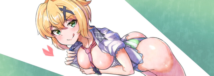 1girl :q akatsuki_kirika ass blonde_hair blush breasts green_eyes hair_ornament highres licking_lips looking_at_viewer lydian_academy_uniform medium_breasts momonosuke_(u-ma991028) naughty_face open_clothes open_shirt panties senki_zesshou_symphogear shiny shiny_hair shiny_skin short_hair smile solo striped striped_panties tongue tongue_out underwear x_hair_ornament