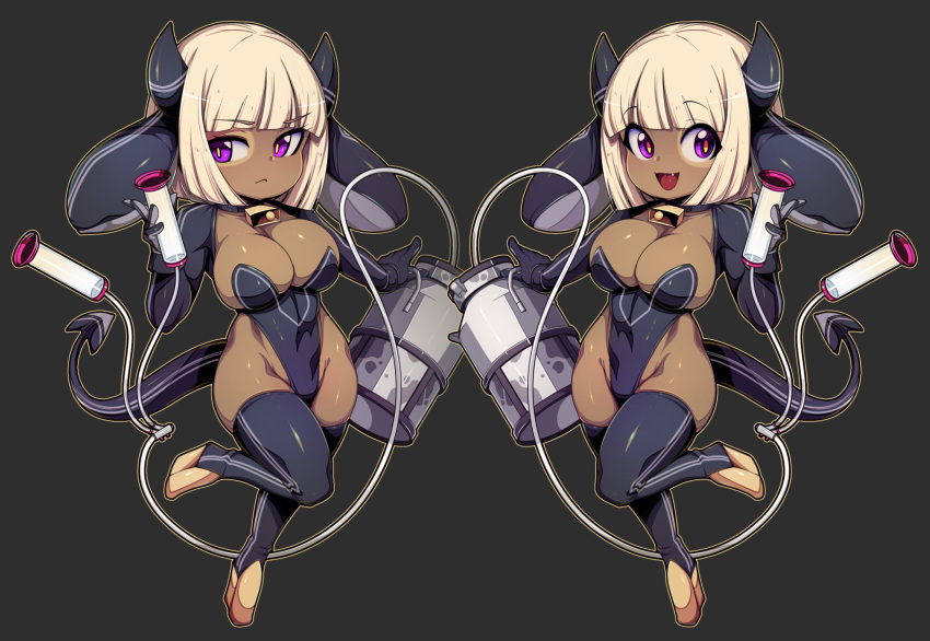 2girls :&lt; :d animal_ears bell black_choker black_gloves black_leotard blonde_hair bob_cut breasts choker cleavage closed_mouth commentary dark-skinned_female dark_skin demon_tail english_commentary fang gloves grey_background hand_up highleg highleg_leotard highres hooves horns large_breasts leotard looking_at_viewer medium_hair milk_churn monster_girl multiple_girls neck_bell open_mouth original penis_pump purple_eyes shrug_(clothing) simple_background slugbox smile tail