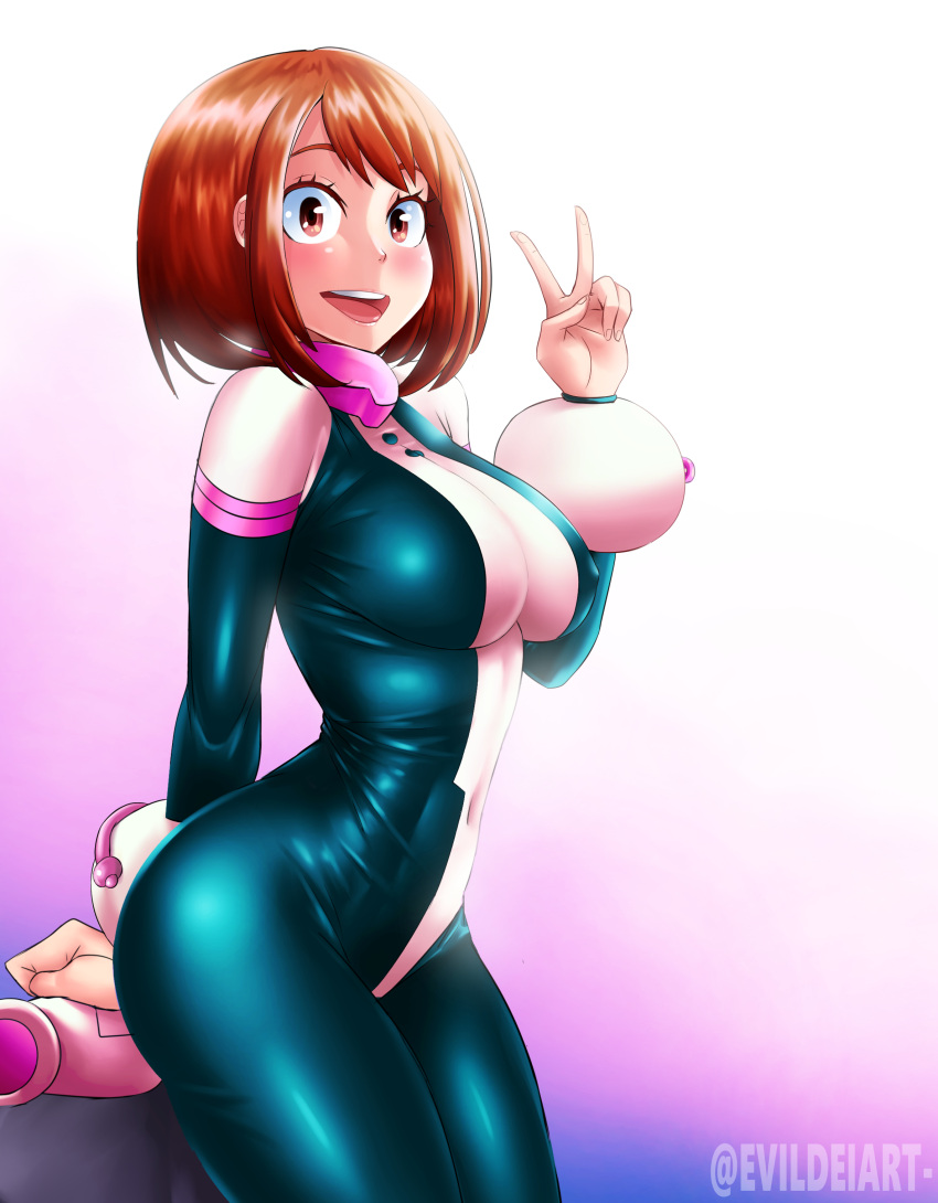 1girl absurdres black_bodysuit blush_stickers bodysuit boku_no_hero_academia breasts brown_eyes brown_hair covered_navel covered_nipples evil-dei eyebrows_visible_through_hair gradient gradient_background highres large_breasts looking_at_viewer pink_background pink_bodysuit short_hair skindentation solo twitter_username uraraka_ochako v white_background