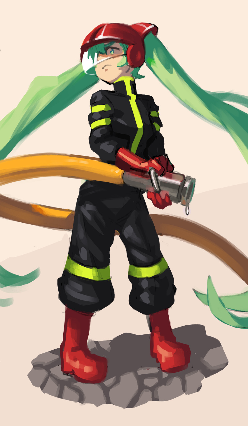 1girl absurdres black_jumpsuit boots fire_helmet firefighter full_body gloves green_eyes green_hair hatsune_miku helmet highres hose jumpsuit long_hair neon_trim piku184 red_footwear red_gloves red_headwear solo twintails very_long_hair vocaloid