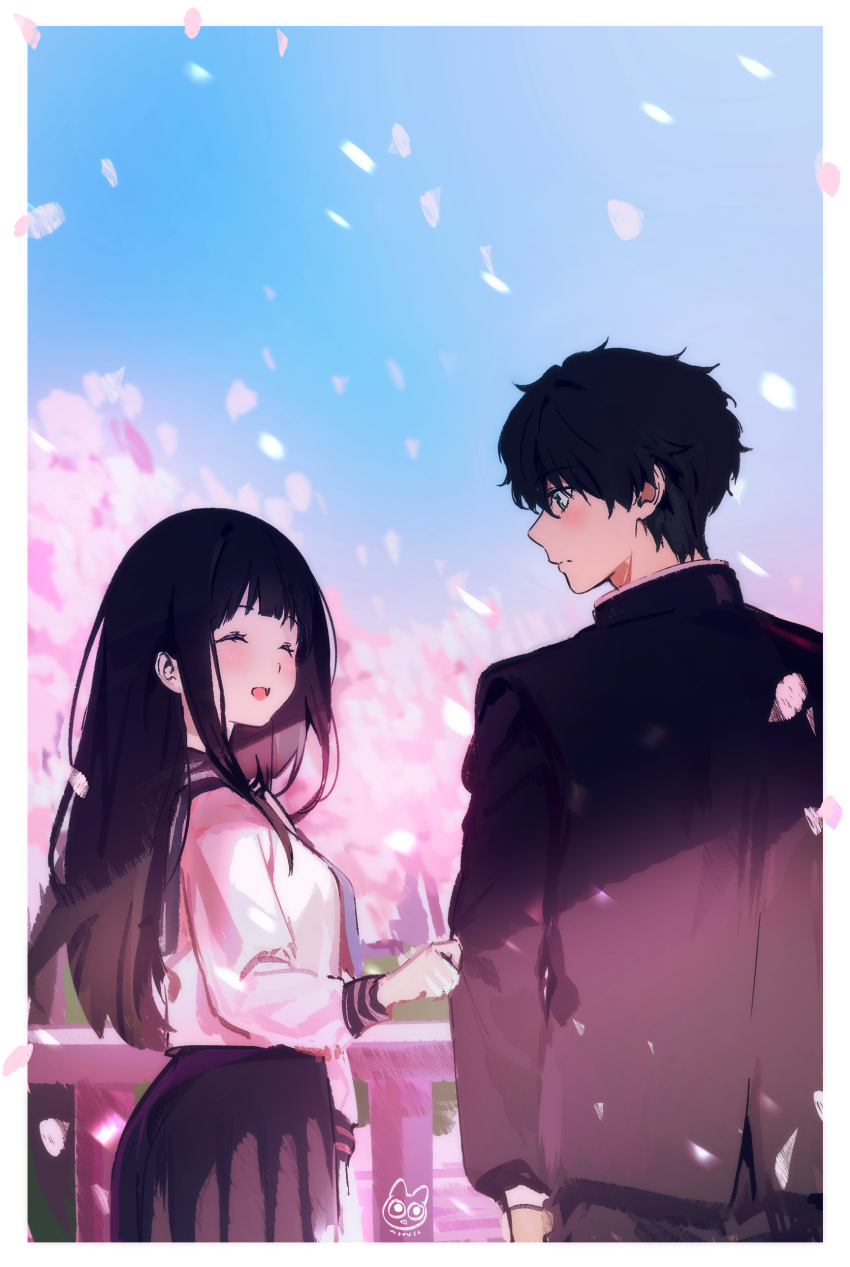 1boy 1girl :d absurdres artist_logo bangs black_hair black_jacket black_skirt blush border cherry_blossoms chitanda_eru closed_eyes day from_behind gakuran highres hyouka jacket kamiyama_high_school_uniform long_hair long_sleeves looking_at_another looking_to_the_side mery_(yangmalgage) open_mouth oreki_houtarou outdoors outside_border pants petals pleated_skirt railing school_uniform serafuku shirt short_hair skirt sky sleeve_tug smile white_border white_shirt