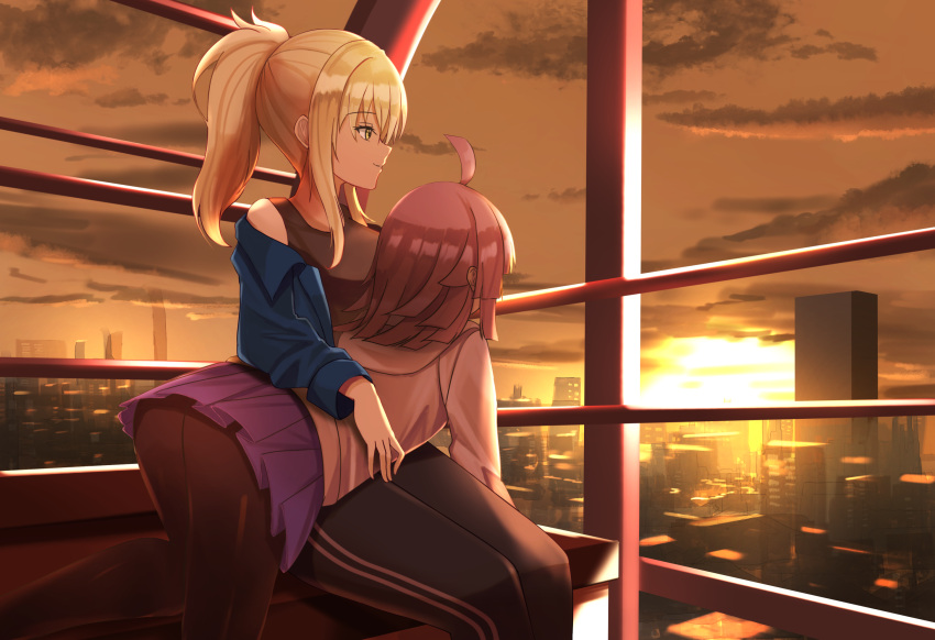 2girls ahoge blonde_hair building cable_car city cloud facing_away highres jacket long_hair love_live! love_live!_nijigasaki_high_school_idol_club lying_on_lap medium_hair miyashita_ai multiple_girls outdoors pants pantyhose pink_hair ponytail shirt sitting skirt sky sun sunset t-shirt tank_top tennouji_rina yellow_eyes yuri zado