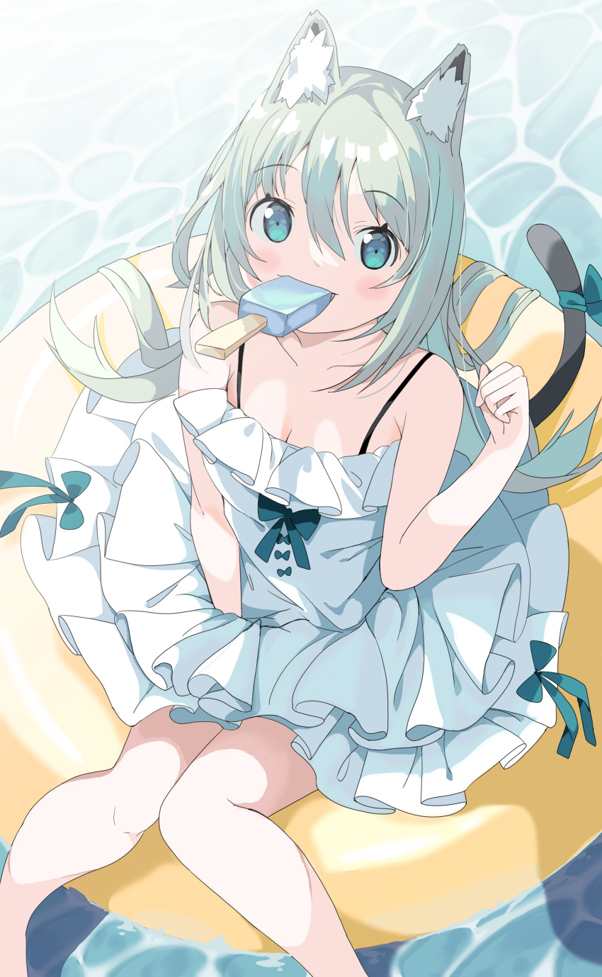 1girl absurdres animal_ear_fluff animal_ears bangs bare_arms bare_shoulders barefoot blue_bow blue_eyes blush bow breasts cat_ears cat_girl cat_tail cleavage collarbone day dress eyebrows_visible_through_hair feet_out_of_frame food food_in_mouth frilled_dress frills grey_hair hair_between_eyes highres innertube long_hair looking_at_viewer mouth_hold original outdoors popsicle sleeveless sleeveless_dress small_breasts solo tail tail_bow tail_ornament tantan_men_(dragon) very_long_hair water white_dress