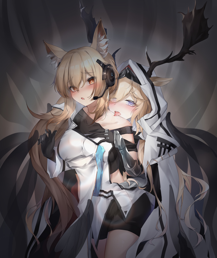 2girls absurdres animal_ear_fluff animal_ears antlers_through_headwear arknights arm_guards bangs black_gloves black_shorts blonde_hair blue_eyes blush breasts chinese_commentary coat collarbone commentary_request cowboy_shot crop_top deer_antlers deer_ears deer_girl ears_through_headwear eyebrows_visible_through_hair eyes_visible_through_hair gloves hair_between_eyes hand_on_own_chest hand_under_clothes headset highres hood hood_up hooded_coat horse_ears horse_girl large_breasts licking licking_shoulder long_hair long_sleeves medium_breasts multiple_girls nearl_(arknights) nearl_the_radiant_knight_(arknights) open_mouth orange_eyes qinshi-ji saliva shorts single_bare_shoulder tongue tongue_out very_long_hair vivienne_(arknights) white_coat yuri