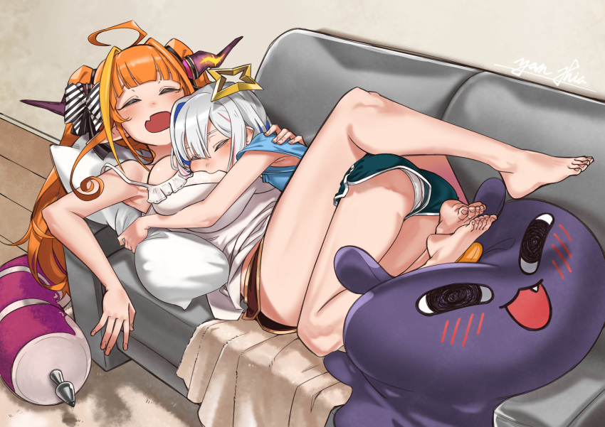 2girls absurdres ahoge amane_kanata anal_tail armpits asacoco asymmetrical_hair barefoot blue_hair blush bob_cut bow breasts butt_plug camisole carpet colored_inner_hair commentary_request couch cuddling dolphin_shorts dragon_girl dragon_horns fake_tail fang gen_uma_mai halo highres hololive horn_bow horns hug kiryu_coco large_breasts long_hair multicolored_hair multiple_girls orange_hair panties pillow sex_toy short_hair shorts signature silver_hair single_hair_intake skin_fang sleeping star_halo streaked_hair stuffed_animal stuffed_toy tail tako_(ninomae_ina'nis) twintails underwear virtual_youtuber white_camisole white_panties yuri