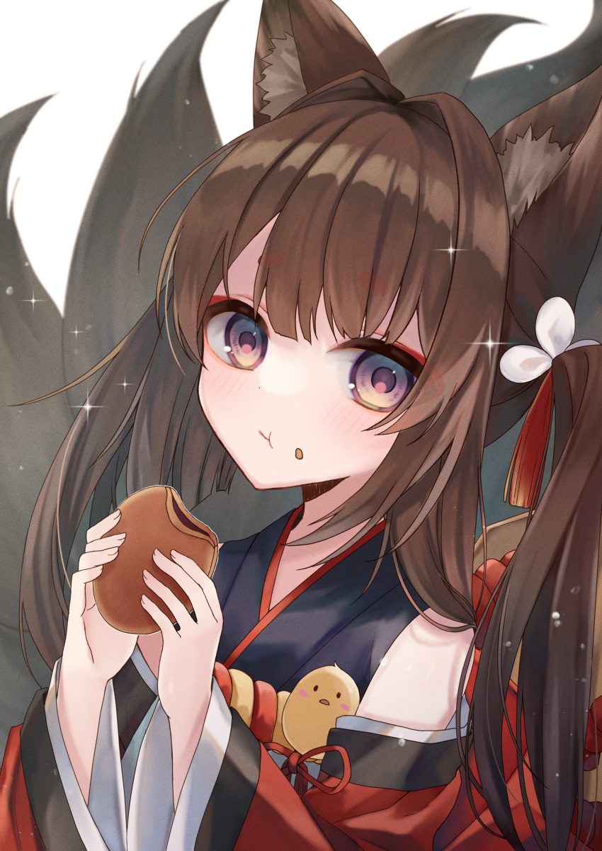 1girl :t absurdres amagi-chan_(azur_lane) animal_ears azur_lane bangs blunt_bangs brown_hair commentary_request eating eyebrows_visible_through_hair eyes_visible_through_hair eyeshadow food food_on_face fox_ears fox_girl fox_tail highres holding holding_food japanese_clothes kyuubi long_hair looking_at_viewer makeup manjuu_(azur_lane) multiple_tails off-shoulder_kimono off_shoulder ougi_(u_to4410) rope shimenawa sidelocks silver_eyes simple_background solo sparkle tail twintails white_background