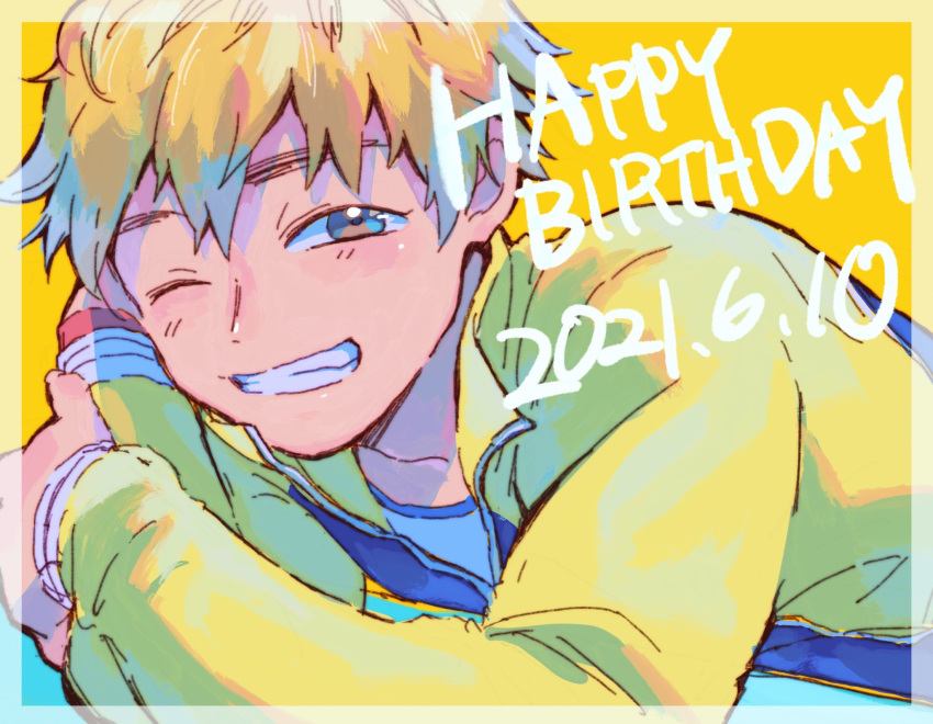 1boy ;d amaya_uw blonde_hair border grin hand_up happy_birthday head_rest highres jacket leaning_forward male_focus nagachika_hideyoshi one_eye_closed open_mouth shirt short_hair smile solo t-shirt teeth tokyo_ghoul upper_body yellow_background yellow_eyes