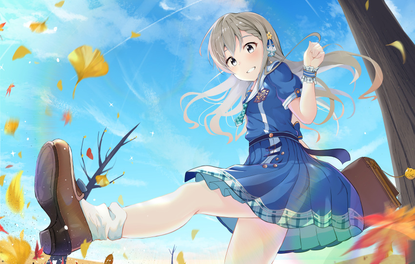 1girl bangs bare_tree blue_serafuku blue_shirt blue_skirt blue_sky braid braided_bangs brown_footwear cac_itinose cloud commentary day eyebrows_behind_hair ginkgo_leaf grey_eyes grey_hair grin hand_up highres hisakawa_hayate idolmaster idolmaster_cinderella_girls idolmaster_cinderella_girls_starlight_stage leaves_in_wind loafers long_hair outdoors pleated_skirt puffy_short_sleeves puffy_sleeves sailor_collar school_briefcase school_uniform serafuku shirt shoes short_sleeves skirt sky smile socks solo standing standing_on_one_leg tree very_long_hair white_legwear white_sailor_collar wrist_cuffs