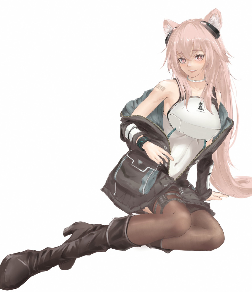 1girl animal_ear_fluff animal_ears arknights armor barcode_tattoo blush boots breastplate breasts brown_eyes brown_jacket brown_legwear commentary_request drmaho1 earpiece eyebrows_visible_through_hair gravel_(arknights) hair_between_eyes highres infection_monitor_(arknights) jacket lips long_hair long_sleeves looking_at_viewer medium_breasts medium_hair mouse_ears mouse_girl open_clothes open_jacket open_mouth partial_bodysuit pink_hair sitting smile solo tail tattoo thighhighs very_long_hair white_background yokozuwari