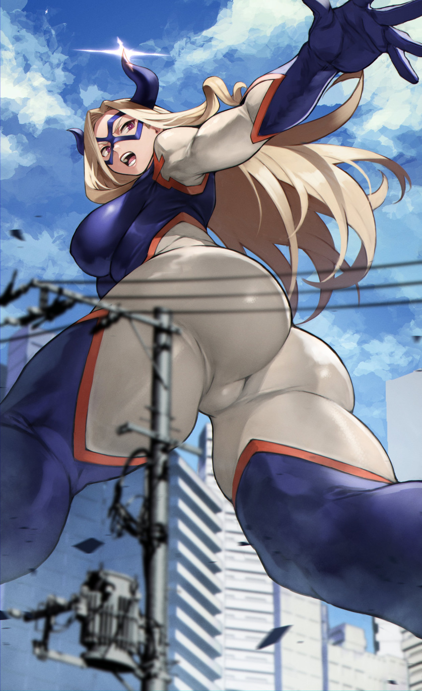 1girl absurdres ass bangs blonde_hair blue_sky bodysuit boku_no_hero_academia breasts domino_mask giant giantess highres horns large_breasts long_hair looking_at_viewer mask mount_lady open_mouth purple_eyes skin_tight sky solo thighs yoshio_(55level)