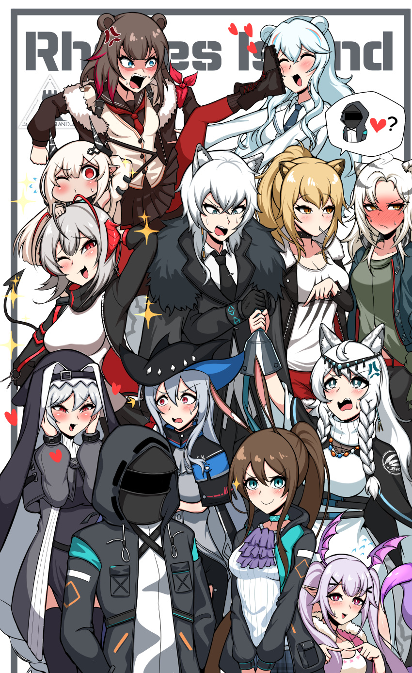 1boy 1other 6+girls :d ^^^ absurdres amiya_(arknights) anger_vein animal_ear_fluff animal_ears arknights arms_under_breasts ascot bangs bead_necklace beads bear_ears bell belt black_cape black_capelet black_choker black_coat black_dress black_gloves black_hair black_headwear black_horns black_jacket black_legwear black_neckwear black_sailor_collar black_scarf black_skirt blonde_hair blue_eyes blush boots braid breasts brother_and_sister brown_eyes brown_footwear brown_hair brown_legwear bunny_ears candy cape capelet chibi choker cleavage closed_mouth coat collarbone commentary cropped_torso dated demon_tail dress embarrassed eyebrows_visible_through_hair fangs flying_sweatdrops food food_in_mouth fur-trimmed_cape fur-trimmed_jacket fur_trim gloves grey_eyes grey_shirt habit hair_between_eyes hair_ornament hairclip hand_up hands_on_own_face hat head_wings heart high_collar highres holding holding_bell hood hood_down hooded_coat hooded_jacket horns index_fingers_together indra_(arknights) infection_monitor_(arknights) jacket jewelry jumpsuit kicking kjerag_logo knee_up korean_commentary large_breasts leopard_ears lion_ears lollipop long_hair long_sleeves looking_at_viewer looking_away manggapaegtoli manticore_(arknights) medium_breasts midriff mudrock_(arknights) multicolored_hair multiple_girls nail_polish neckerchief necklace necktie nun on_head one_eye_closed open_clothes open_coat open_jacket open_jumpsuit open_mouth panties parted_lips pointing_at_another ponytail portrait pramanix_(arknights) purple_hair purple_neckwear red_eyes red_hair red_horns red_neckwear red_shorts rhodes_island_logo ribbed_sweater rosa_(arknights) sailor_collar scarf scorpion_tail shirt short_hair shorts siblings sidelocks siege_(arknights) silver_hair silverash_(arknights) skadi_(arknights) skirt sky smile smug socks sparkle specter_(arknights) speech_bubble spoken_character streaked_hair sweat sweater tail tank_top teeth thighhighs tiger_ears turtleneck turtleneck_dress turtleneck_sweater twin_braids twintails underbust underwear upper_body v-shaped_eyebrows very_long_hair w_(arknights) white_background white_belt white_dress white_hair white_headwear white_jacket white_jumpsuit white_shirt white_sweater white_tank_top zima_(arknights)