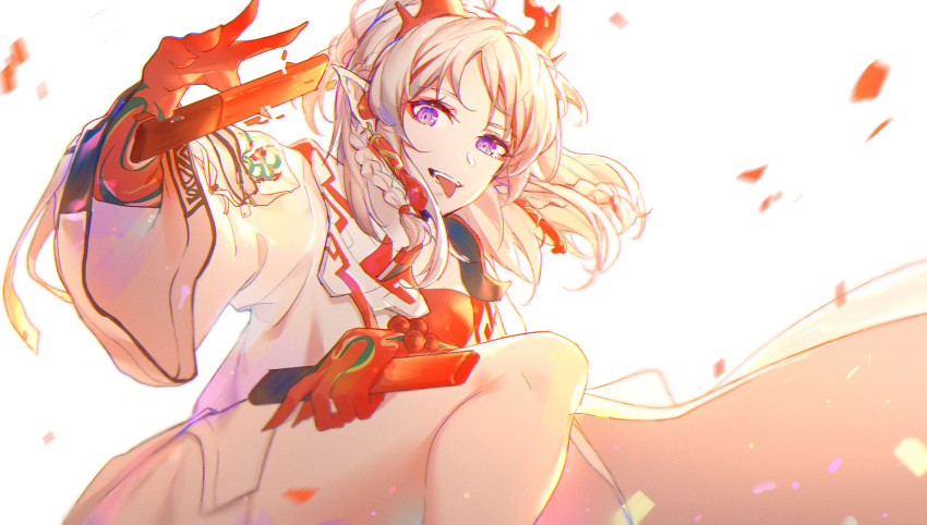 1girl arknights bangs braid chinese_clothes dragon_girl dragon_horns fan highres holding holding_fan horns long_hair looking_at_viewer nian_(arknights) pointy_ears ponytail purple_eyes silver_hair simple_background smile solo tattoo tongue tongue_out white_background yumuto_(spring1786)