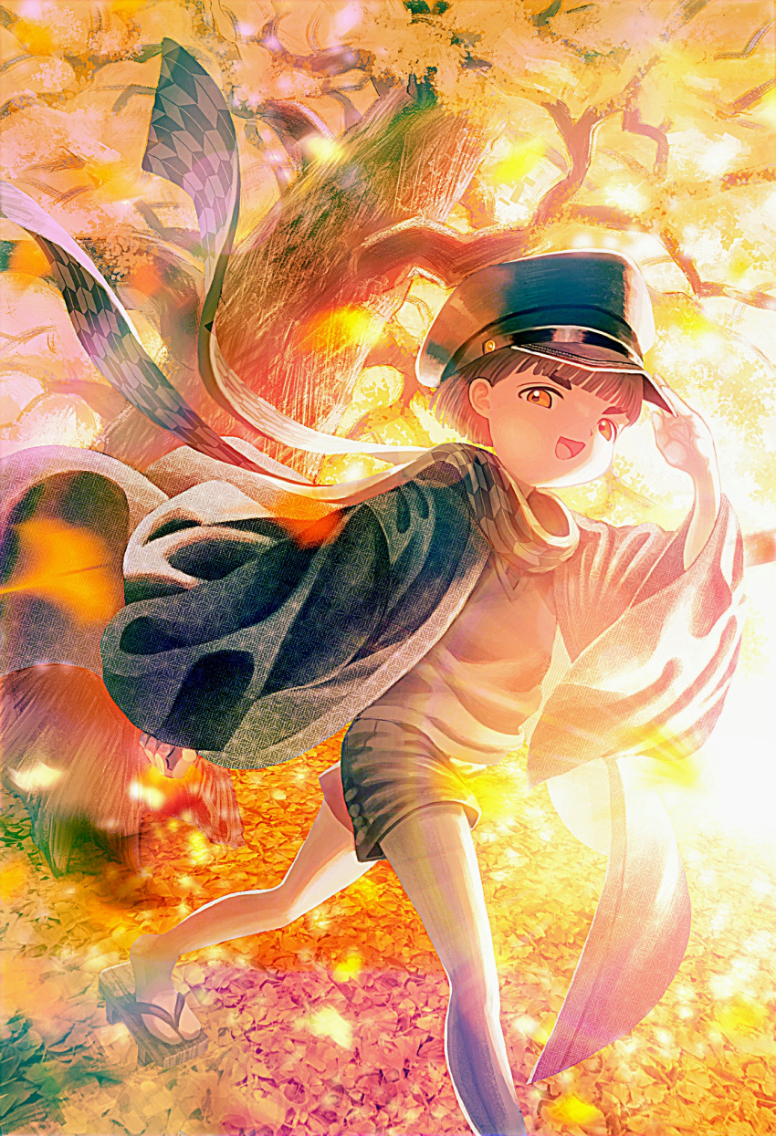 1boy arm_up bangs black_hair black_headwear black_shorts blunt_bangs brown_eyes day foot_out_of_frame grey_shirt hat highres leaf open_mouth original outdoors sandals sasakure_(mogunonbi) scarf shirt short_hair shorts smile solo tree