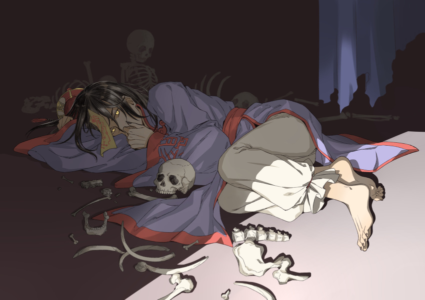 1boy absurdres alternate_costume axis_powers_hetalia barefoot black_hair bone china_(hetalia) chinese_clothes glowing glowing_eyes hand_on_own_face highres jiangshi long_hair moye_(abubudebu) ofuda pants skeleton skull solo yellow_eyes