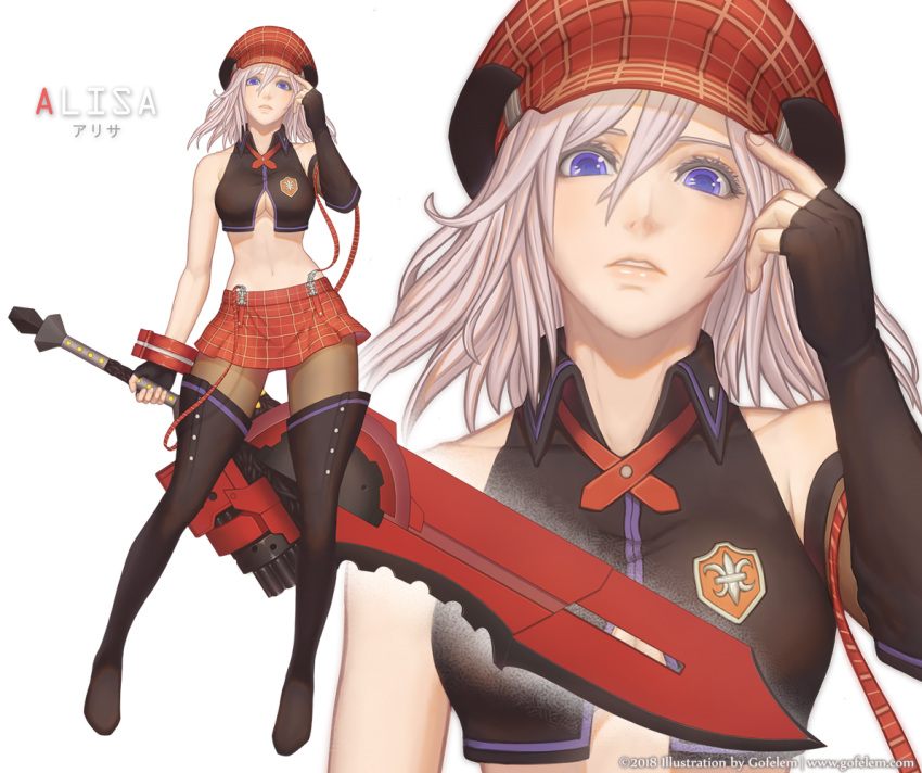 1girl alisa_ilinichina_amiella black_legwear blue_eyes boots breasts cabbie_hat elbow_gloves fingerless_gloves gloves god_eater gofelem hat large_breasts long_hair looking_at_viewer navel pantyhose plaid silver_hair simple_background skirt solo thigh_boots thighhighs underboob white_background