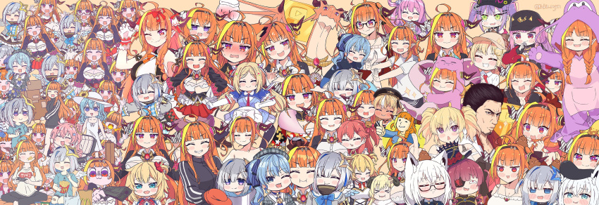 ! !! &gt;_&lt; 1boy 6+girls :&gt; ^_^ ^o^ absurdres ahoge akai_haato aki_rosenthal alternate_costume amane_kanata anal_tail anemachi angel angel_wings anger_vein animal_costume animal_ear_fluff animal_ears arm_garter armband asacoco ascot asymmetrical_hair bandaid bandaid_on_knee bangs bare_arms bare_shoulders baseball_cap bell belt beret bibi_(tokoyami_towa) black_hair black_headwear black_jacket black_pants black_ribbon blonde_hair blue_eyes blue_hair blue_jacket blue_neckwear blue_shirt blue_shorts blue_wings blunt_bangs blush blush_stickers bow bowtie braid breast_press breasts breathing_fire brooch brown_footwear brown_hairband camisole candy_hair_ornament cat_ears cheek-to-cheek chibi claw_pose cleavage cleavage_cutout closed_eyes closed_mouth clothing_cutout coco_kaine collarbone collared_shirt colored_inner_hair commentary_request controller cosplay curled_horns dark-skinned_female dark_elf dark_skin deerstalker demon_girl detached_collar detached_hair diagonal-striped_bow dragon dragon_costume dragon_girl dragon_horns dragon_tail dress eggshell_hat elbow_gloves elf english_commentary eyebrows_visible_through_hair eyepatch facial_hair facing_viewer fake_tail fallout_(series) fang feathered_wings finger_on_trigger fire floral_print food food-themed_hair_ornament food_in_mouth fox_ears fox_girl french_fries game_controller gingham glasses gloves goatee gradient gradient_wings green_eyes grey_jacket grin gun hair_bell hair_between_eyes hair_ornament hair_ribbon hair_rings hair_slicked_back hair_stick hairband hairclip halo hands_up hat headgear heart heart_hair_ornament highres himemori_luna holding holding_controller holding_food holding_game_controller holding_gun holding_hair holding_microphone holding_pot holding_weapon hololive hololive_english hololive_idol_uniform hood hood_up horn_bow horns hoshimachi_suisei houshou_marine idol_clothes indian_style jacket japanese_clothes jewelry kimono kiryu_coco kiryu_coco_(dragon) kiryuu_kazuma kiryuu_kazuma_(cosplay) kukie-nyan loafers long_sleeves looking_at_viewer low_twin_braids low_twintails microphone middle_finger mini_hat mini_top_hat miniskirt monocle_hair_ornament mori_calliope multicolored multicolored_eyes multicolored_hair multicolored_wings multiple_girls multiple_views nekomata_okayu off_shoulder official_alternate_costume one_eye_closed one_side_up onesie open_clothes open_jacket open_mouth orange_hair pants parody parted_bangs pendant pink_hair plaid_headwear plaid_jacket pleated_skirt pointy_ears ponytail poop poptepipic pot pp_tenshi_t-shirt print_eyepatch print_shirt purple_eyes purple_hair red_eyes red_hair red_kimono red_shirt red_skirt ribbon ryoushi_chicken_soup_grass_big_chungus ryuu_ga_gotoku sakura_miko sarashi seiza semi-rimless_eyewear sheep_girl sheep_horns shirakami_fubuki shiranui_flare shirt shoes short_hair shorts shrugging side-tie_skirt side_braid silver_hair single_hair_intake sitting skin_fang skirt slit_pupils smile star_(symbol) star_hair_ornament star_halo streaked_hair striped striped_bow style_parody sun_hat sundress sweat sweatdrop sweating_profusely t-shirt tail thumbs_up tokoyami_towa top_hat towel towel_on_head track_jacket tsunomaki_watame turtleneck twin_braids twintails twitter_username under-rim_eyewear vault_suit w_arms watson_amelia wavy_hair weapon white_camisole white_dress white_gloves white_hair white_headwear white_shirt white_wings wings wrist_cuffs youtube_creator_award yukata