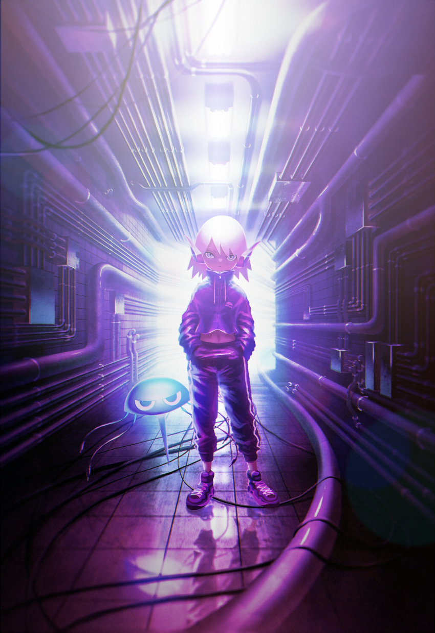 1boy black_pants drawstring hallway hands_in_pockets highres long_sleeves looking_at_viewer medium_hair midriff navel original pants pipe purple_theme reflection sasakure_(mogunonbi) shoes solo white_eyes white_hair wire