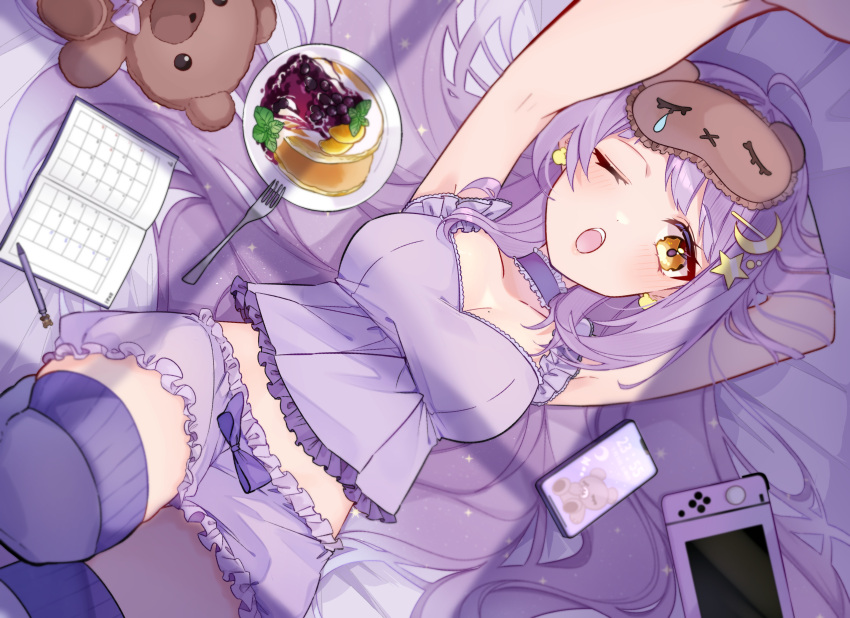 akym bed blush book bow breasts cake choker cleavage food fruit game_console long_hair mask orange_(fruit) original pajamas phone purple purple_hair shorts teddy_bear thighhighs wink yellow_eyes zettai_ryouiki