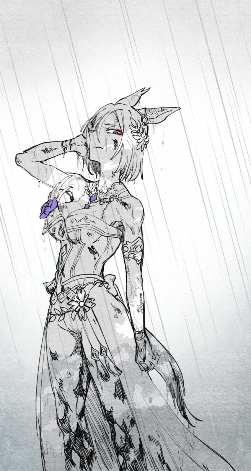 1girl air_groove_(umamusume) animal_ears bare_shoulders bridal_gauntlets cowboy_shot dirty dirty_clothes disdain ear_covers elbow_gloves flower gem gloves greyscale highres horse_ears horse_girl horse_tail looking_down monochrome official_alternate_costume purple_eyes purple_flower purple_rose rain rose solo spot_color tail takatsuki_nato umamusume wet wet_clothes