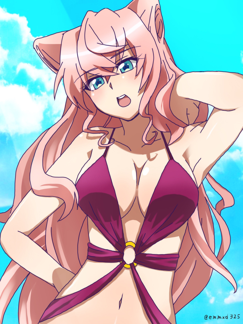 1girl absurdres aqua_eyes armpits breasts cleavage commentary emmxd325 highres large_breasts long_hair looking_at_viewer maria_cadenzavna_eve navel o-ring o-ring_swimsuit open_mouth pink_hair purple_swimsuit ruffling_hair senki_zesshou_symphogear solo swimsuit twitter_username