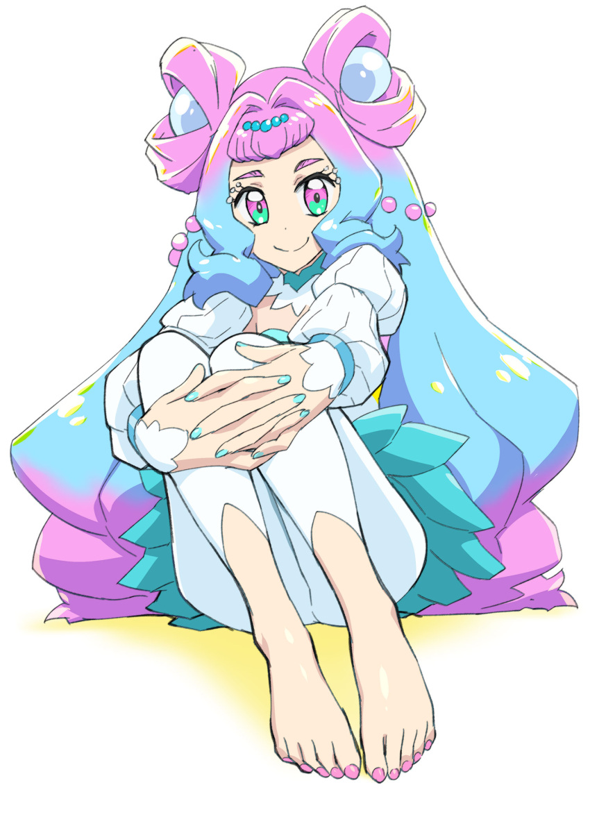 1girl barefoot blue_eyes blue_hair cure_la_mer double_bun feet fingernails highres hugging_own_legs laura_(precure) leggings long_hair looking_at_viewer magical_girl multicolored_hair nail_polish pearl_hair_ornament pink_eyes pink_hair precure puffy_sleeves shiny shiny_hair simple_background sitting smile solo thick_eyebrows toenail_polish toenails tropical-rouge!_precure ueyama_michirou very_long_hair white_background