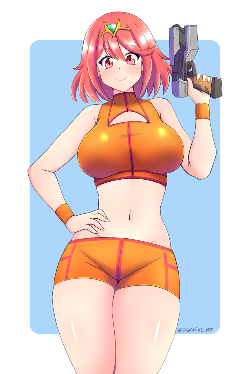 1girl absurdres bangs breasts cosplay gun highres holding holding_gun holding_weapon jarckius large_breasts metroid pyra_(xenoblade) red_eyes red_hair samus_aran samus_aran_(cosplay) short_hair short_shorts shorts solo super_smash_bros. swept_bangs thick_thighs thighs weapon xenoblade_chronicles_(series) xenoblade_chronicles_2 zero_suit