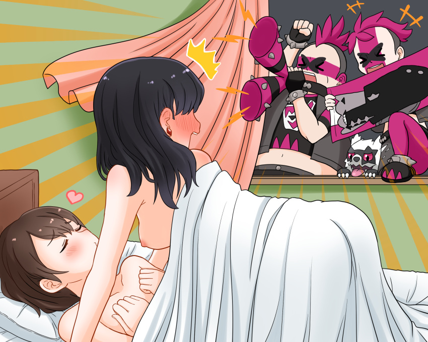 2boys 2girls ^^^ banner bed bedroom black_hair blush bracelet breasts brown_hair closed_eyes curtains desk earrings facepaint fingerless_gloves full-face_blush galarian_form galarian_zigzagoon gen_3_pokemon gen_8_pokemon gloria_(pokemon) gloves heart highres horn_(instrument) indoors jewelry kurosawa_karura marnie_(pokemon) medium_breasts medium_hair multiple_boys multiple_girls navel nipples nude open_mouth pillow pokemon pokemon_(game) pokemon_swsh short_hair shouting spiked_bracelet spikes surprised team_yell under_covers upper_teeth vuvuzela window yuri