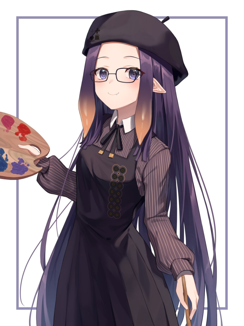 1girl beret black_dress black_headwear black_ribbon brown_shirt closed_mouth commentary cowboy_shot dress eyebrows_visible_through_hair eyes_visible_through_hair fang fang_out glasses gradient_hair hand_up hat highres holding holding_palette hololive hololive_english long_hair long_sleeves looking_at_viewer multicolored_hair ninomae_ina'nis official_alternate_costume orange_hair palette pinafore_dress pleated_dress pointy_ears puffy_long_sleeves puffy_sleeves purple_eyes purple_hair ribbon shands shirt simple_background smile solo standing striped striped_shirt very_long_hair virtual_youtuber white_background