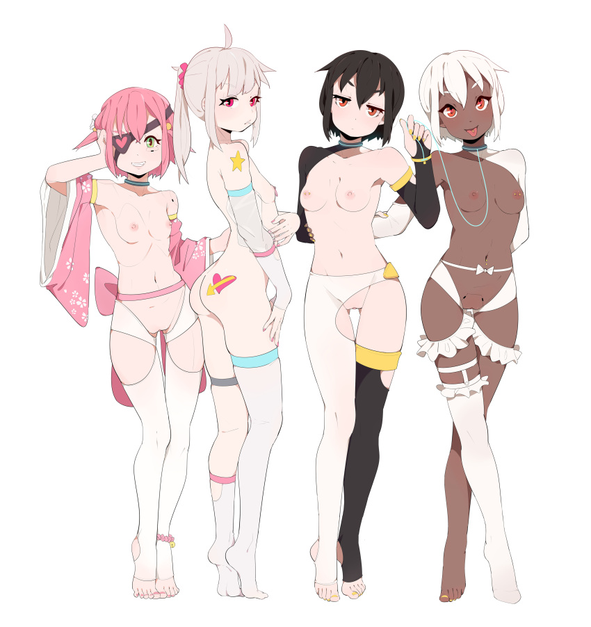 4girls absurdres ahoge android anklet arrow_(symbol) ass asymmetrical_legwear belt black_hair bored bow breasts candy choker clitoris closed_mouth clothing_cutout collarbone commentary_request crossed_legs dark-skinned_female dark_skin detached_sleeves eyebrows_visible_through_hair eyepatch food frilled_legwear full_body green_eyes grin groin hair_ornament hair_scrunchie hand_on_another's_waist hand_on_own_face heart heart-shaped_pupils heart_eyepatch highres jewelry jitome joints leash legs lollipop long_hair looking_at_viewer multiple_girls nail_polish navel navel_piercing nipple_piercing nipples nude one_eye_covered open_mouth orange_eyes original piercing pink_eyes pink_hair pink_nails pink_sleeves ponytail pussy robot_joints scrunchie short_hair silver_hair simple_background single_thighhigh skindentation small_breasts smile star-kiss star_(symbol) stirrup_legwear symbol-shaped_pupils tattoo thigh_cutout thigh_strap thighhighs tiptoes toeless_legwear toenail_polish toes tongue tongue_out tongue_piercing two_side_up uncensored white_background white_bow white_hair white_legwear yellow_nails yuri