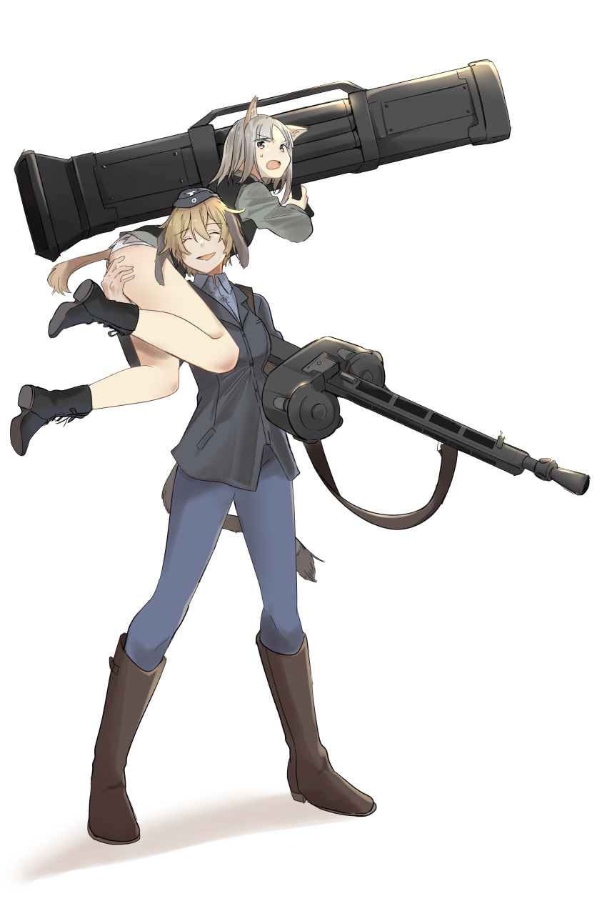 2girls absurdres animal_ears blonde_hair blue_pants boots brown_footwear carrying_person closed_eyes dog_ears drum_magazine edytha_rossmann garrison_cap grey_hair gun hand_on_another's_ass hat highres knee_boots machine_gun magazine_(weapon) mg42 military military_uniform multiple_girls okeke_power_nishiko over_shoulder panties pants rocket_launcher smile sweatdrop underwear uniform vest waltrud_krupinski weapon white_panties world_witches_series